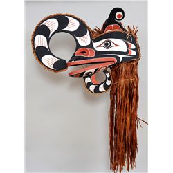 Crooked Beak Mask with Cedar Bark Trim Carved by Gene Brabant 33" L. 13 1/2" W. 48" H. Including Ced