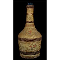 Nuu-chah-nulth Basketry Covered Bottle with Butterfly, Floral and Estevan Light Station Design 10 3/