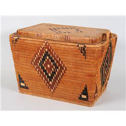 Salish Lidded Basketry Trunk with Diamond Imbricated Design 22 1/2" L. 16" W. 15" H.  Good Condition