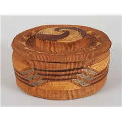 Haida Spruce Root Rattle Top Basket with Geometric Design 6 3/4" D. 3 1/2" H.  Fine Condition