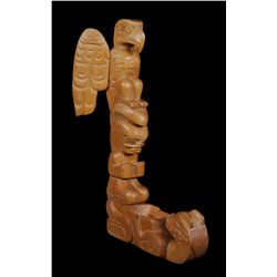 Ellen Neel Totem Bowl Carved with Eagle Holding Salmon, Human Transforming and Sea Bear - Signed 21 