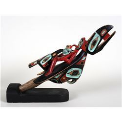 Beau Dick Raven Rattle with Reclining Shaman, Raven Holding Frog and Hawkman on the Bottom - Signed 