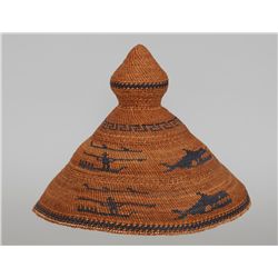 Nuu-chah-nulth Basketry Maquinna Hat with Whaling Scene Design 11" D. 9" H.  Good Condition