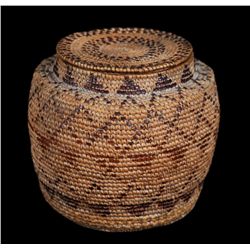 Chilcotin Lidded Grain Storage Basket with Geometric Imbricated Design, Brynildsen Collection 7 1/2"