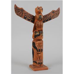 Northwest Coast Totem Carved with Thunderbird and Bear ca. 1940's 16 1/2" H. 13 1/2" W.  Good Condit
