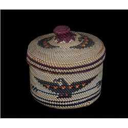 Nuu-chah-nulth Knob Top Basket with Eagle Holding Arrow Motif 3" D. 2 1/2" H.  Good Condition with M