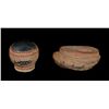 Image 1 : Nuu-chah-nulth Lidded Basketry Covered Shell with Canoe and Bird Design 4" L. 3" W. and a Basketry C