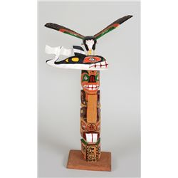 Cowichan Totem with Beaver, Bear Holding Copper, Whale and Eagle on Top Carved by Ray George 25" H. 