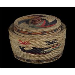 Nuu-chah-nulth Knob Top Basket Designed with Sea Monster and Whale Eating Whaler's Canoe 6 3/4" D. 4