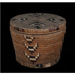 Salish Lidded Basket with Steer Head Design 13 1/4" D. 10 1/2" H.  As Is