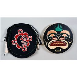 Large Northwest Coast Drum with Painted Sea Monster "Yagis" Design Signed Junior Henderson 24" D. wi