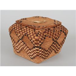 Lillooet Lidded Basket with Imbricated Chevron Design 7" Sq. 5 1/2" H.  Fair Condition