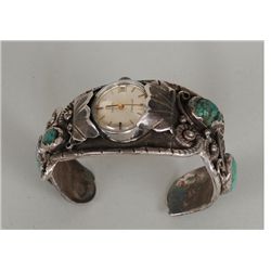 Navajo Silver and Turquoise Watch Bracelet with Working Watch 5 1/2" L. 1" W.  Good Condition