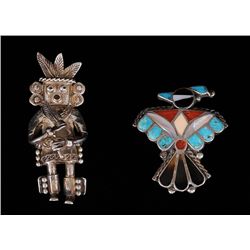 Zuni Silver Pendant Brooch with Hardstone Inlay 1 1/2" L. and a Hopi Silver Pendant Brooches 2" L.  