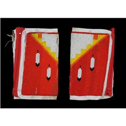 Pair of Beaded Dance Cuffs with Feather and Geometric Design 9" L. 5" W.  Good Condition with Minor 