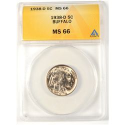 1938-D BUFFALO NICKEL, ANACS MS-66 SUPERB
