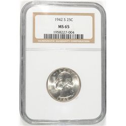 1942-S WASHINGTON QUARTER, NGC MS-65 WHITE  GEM