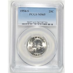 1954-S WASHINGTON QUARTER, PCGS MS-65 GEM WHITE
