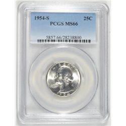1954-S WASHINGTON QUARTER, PCGS MS-66 SUPERB WHITE