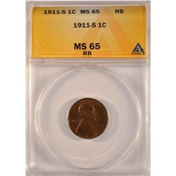 1911-S LINCOLN CENT ANACS MS65 RB