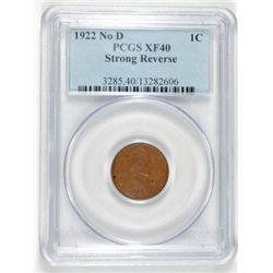 1922 "NO D" LINCOLN CENT, TYPE 2 REVERSE, PCGS XF-40 PERFECT!