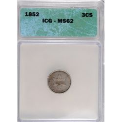 1852 3 CENT SILVER, ICG MS-62 ORIGINAL!