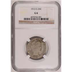 1913 S BARBER QUARTER NGC G-VG 6, NICE!