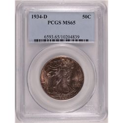 1934 D WALKING LIBERTY HALF DOLLAR PCGS MS 65 GEM! RAINBOW OBV BLAST WHITE REV