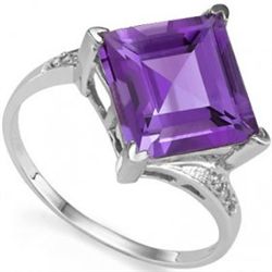 10mm Square Amethyst & Diamond in Silver Ring