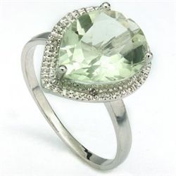 10x12mm Green Amethyst & Diamond Silver Ring