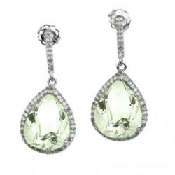 Dangling Pear Green Amethyst & Diamond Silver Earrings