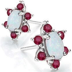 Created Fire Opal & Genuine Ruby Silver Earring