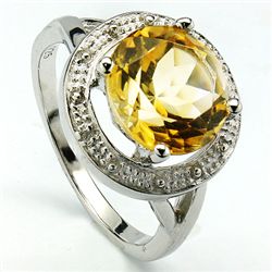 10mm/3CT Golden Citrine & Diamond Silver Ring