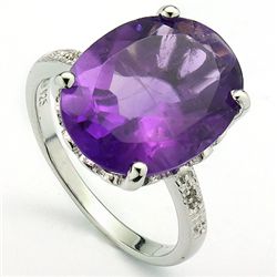 Elegant 12x16mm Amethyst & Diamond Silver Ring