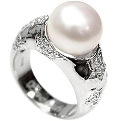 Satin White 12mm Cultural Pearl & Diamond Silver Ring