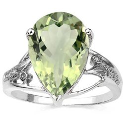Pear 10x15mm/5CT Green Amethyst & Diamond Silver Ring