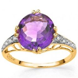 Fine 10mm Round Amethyst & Diamond Gold Ring
