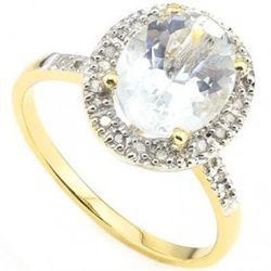 Genuine Aquamarine & Diamond Gold Ring-Size 7