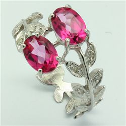 Fine Pink Topaz & Diamond Leaves Band Silver Ring