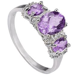 Natural Oval 2CT Amethyst & Diamond Silver Ring