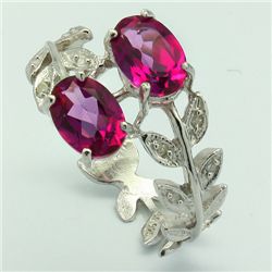 Fine Ruby & Diamond Leaves Band Silver Ring