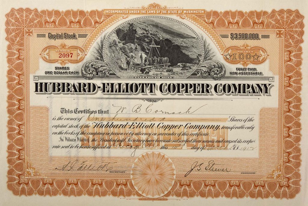 HubbardElliott Copper Company Stock Certificate