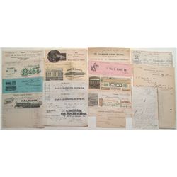 CALIFORNIA GRAB BAG LOT, DATED 1875-1917, LOT OF 18: Consists of Billheads, letters, Receipts and In