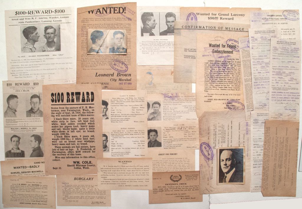 Wanted posters, letters, file cards, etc.