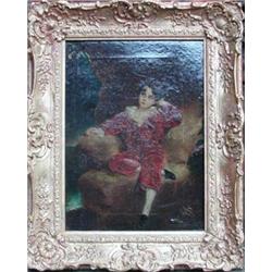 After T Lawrence; an oil on canvas of a young child wearing red velvet suit...