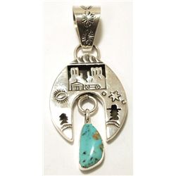 Navajo Turquoise Sterling Silver Pueblo Scene Pendant - Jeff James