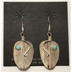 Navajo Turquoise Sterling Silver Feather French Hook Earrings - Vivian Jones