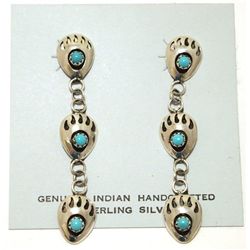 Navajo Turquoise Sterling Silver Triple Bear Paw Post Dangle Earrings - Gaynelle Parker