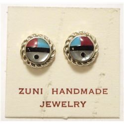 Zuni Multi-Stone Inlay Sun Face Sterling Silver Edged Post Earrings - Dovaria Bookiti