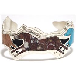 Navajo Multi-Stone Inlay Sterling Silver Horses Cuff Bracelet - Francis